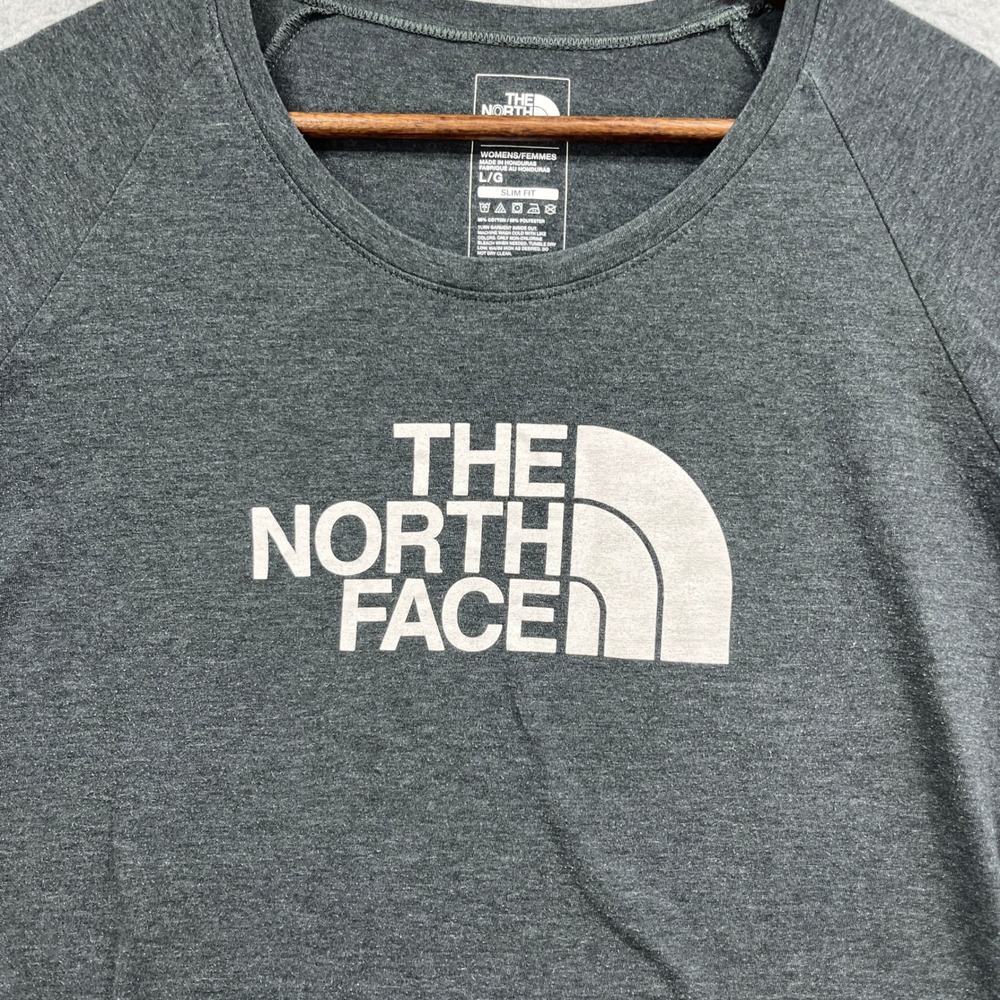 The North Face T-Shirt Womens Large Charcoal Grey Slim Fit Logo Short Sleeve Tee - Picture 2 of 7